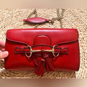 Gucci Red Leather Chain Crossbody Bag with Tassels